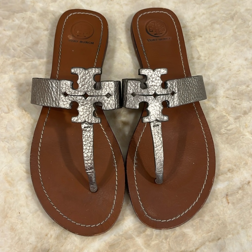 Tory Burch Moore Sandals metallic pewter size 9